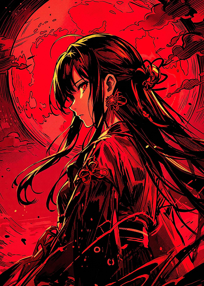 Anime Girl Under Red Moon