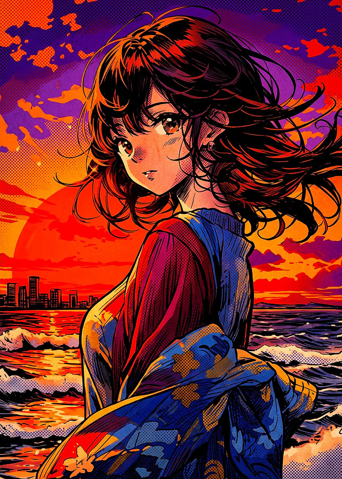 Anime Girl at Sunset Beach