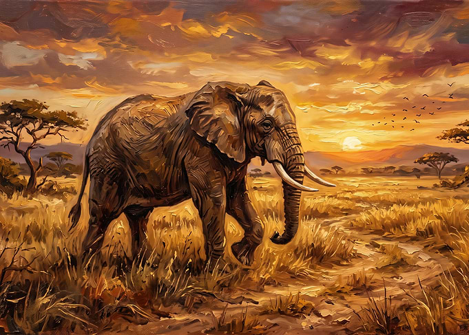 Majestic Elephant in African Savannah Sunset