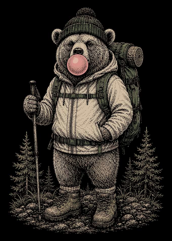 Hiking Bear Blowing Bubble Gum
