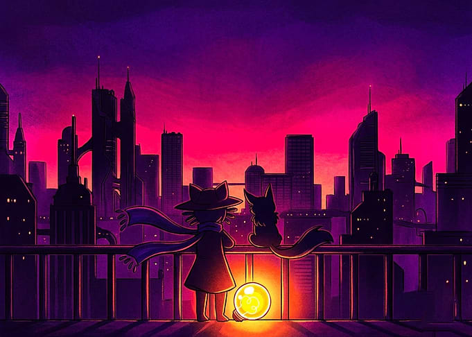 Niko and Prophetbot Overlooking Cityscape