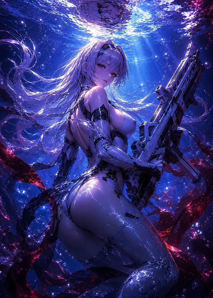 Underwater Anime Warrior with Futuristic Weapon