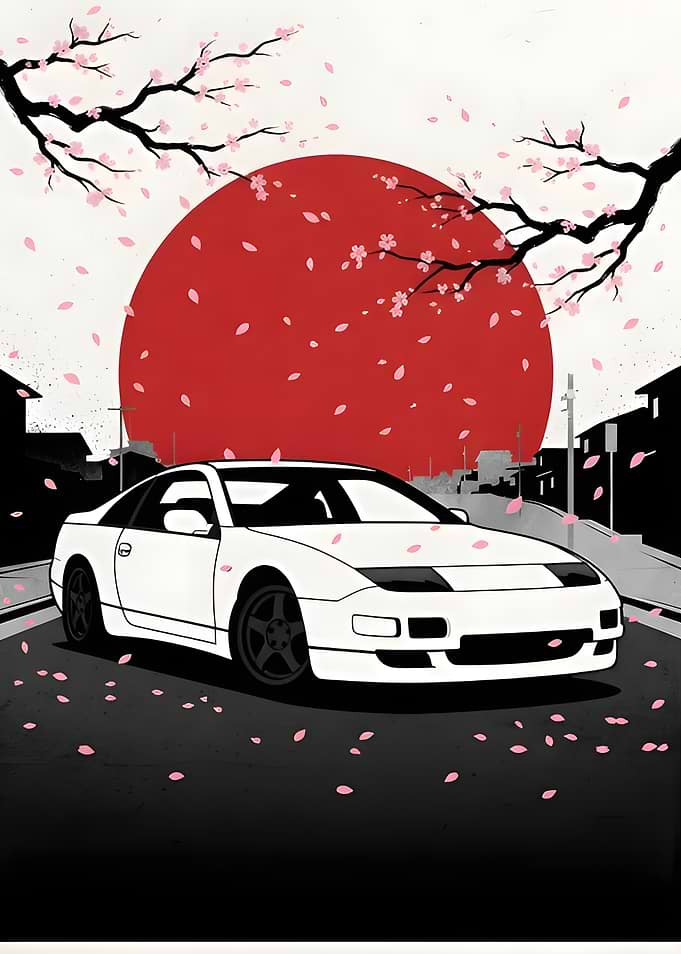 White Japanese Sports Car Rising Sun Sakura Art