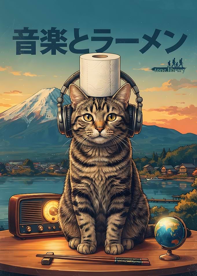 Cat with Headphones and Toilet Paper