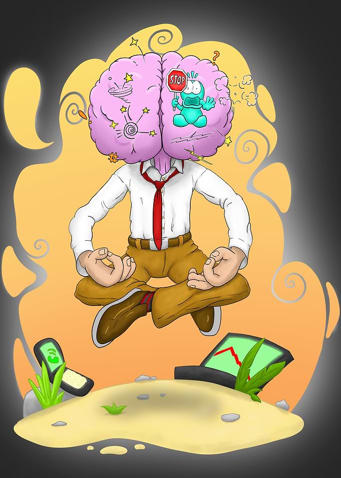 Stressed Businessman Meditating with Brain Head