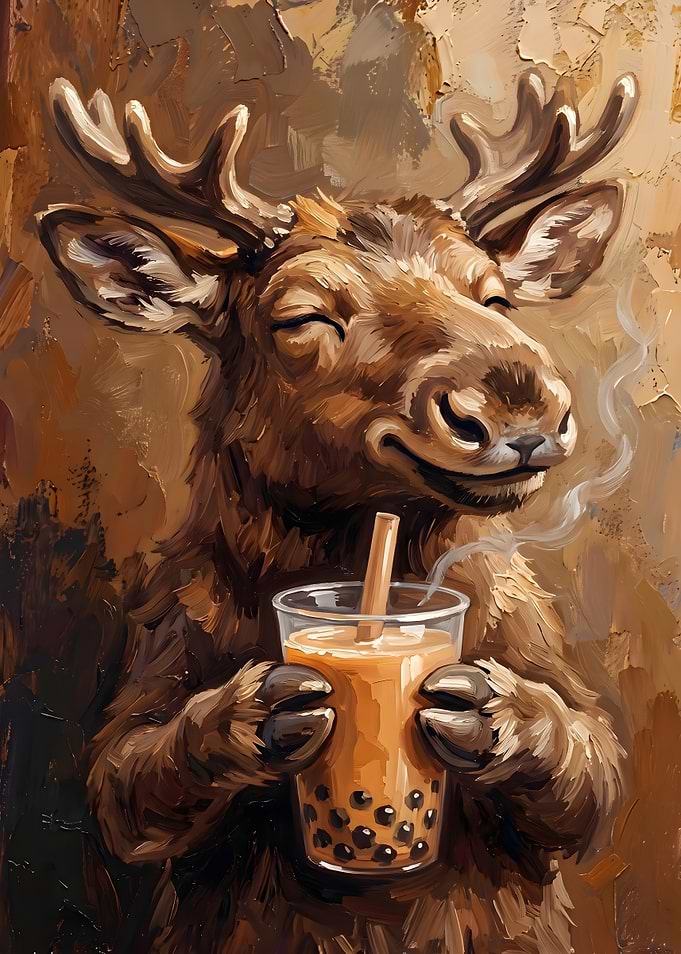 Moose Enjoying Bubble Tea Painting