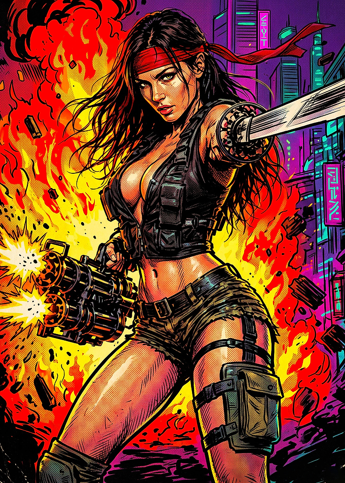 Cyberpunk Warrior Woman with Minigun