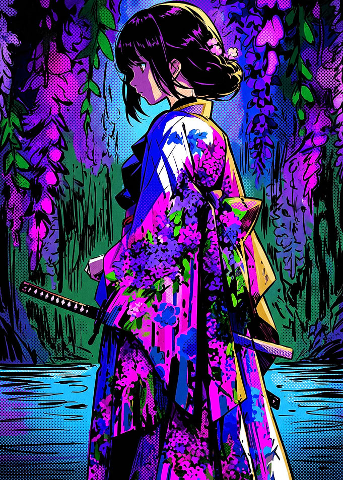 Anime Girl with Katana in Wisteria