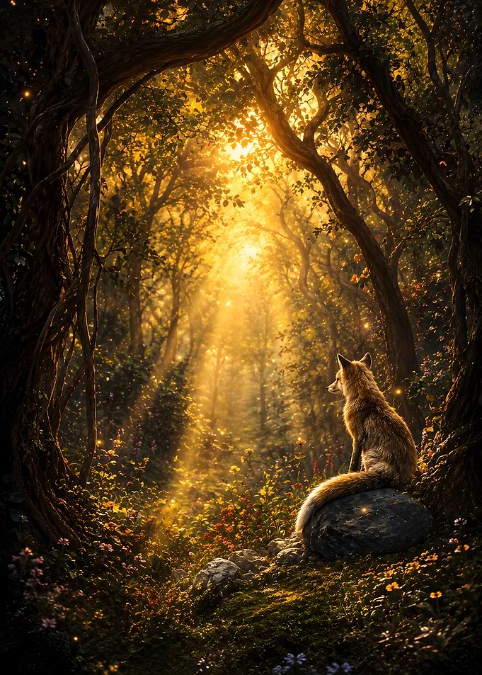 Fox Sitting in Enchanted Forest