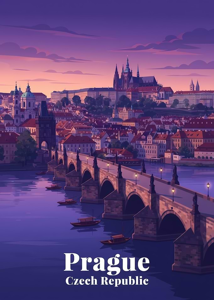 Prague Charles Bridge Sunset Travel Poster