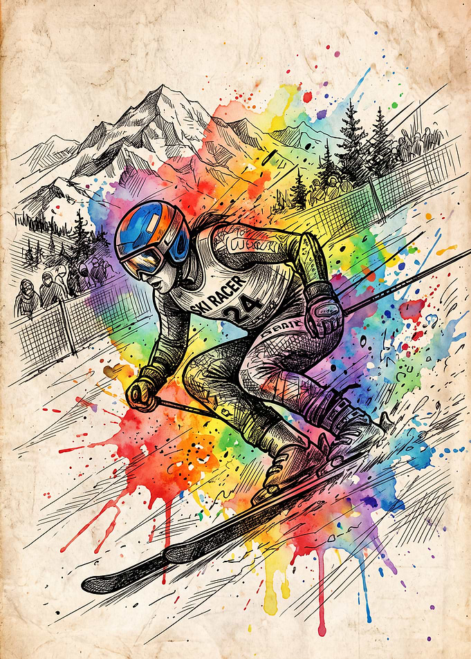 Watercolor Sketch of a Ski Racer
