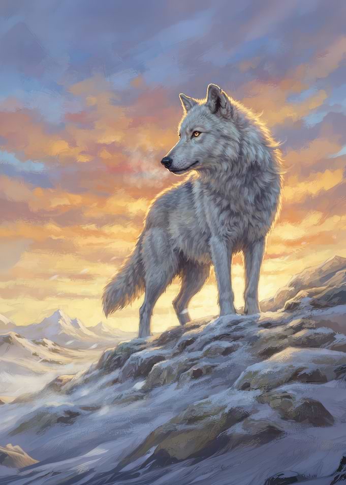 Majestic White Wolf at Sunset