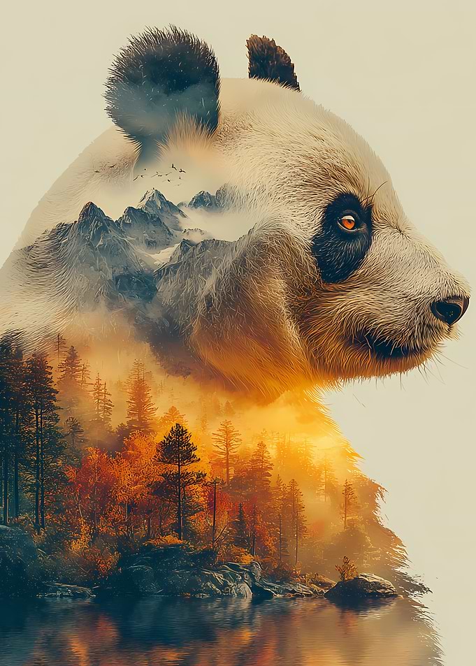 Double Exposure Panda Mountain Landscape