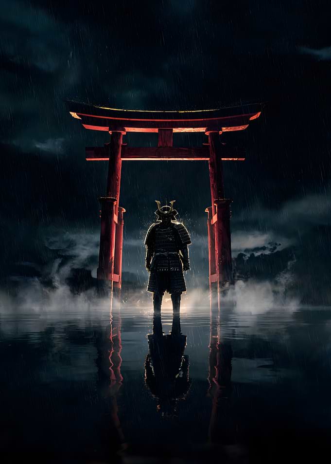 Samurai Standing Under Torii Gate
