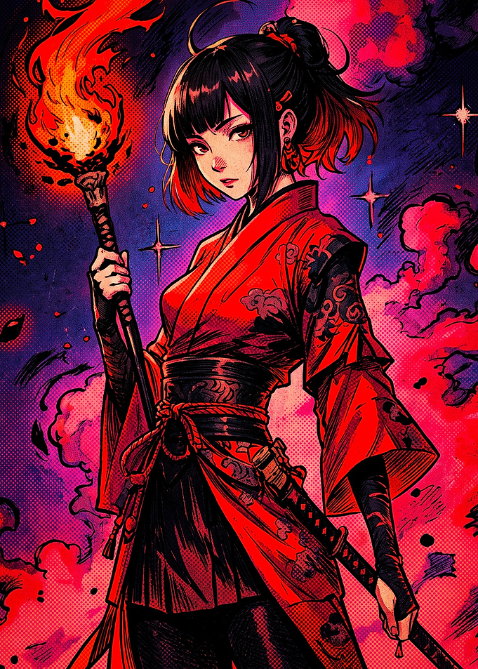 Anime Warrior Girl with Flaming Torch