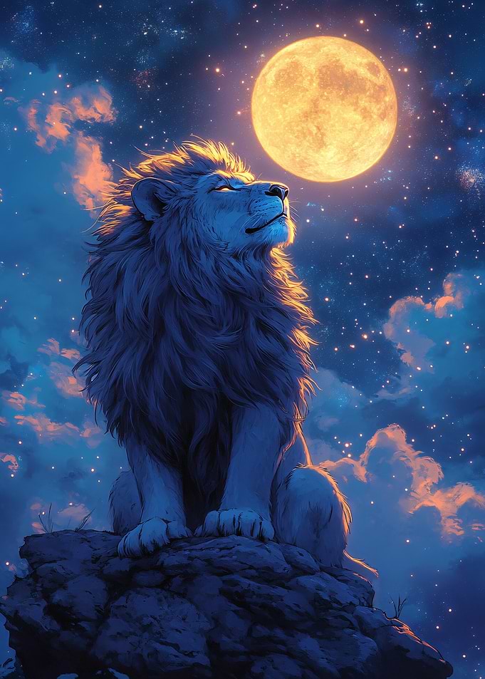 Majestic Lion Under Full Moon
