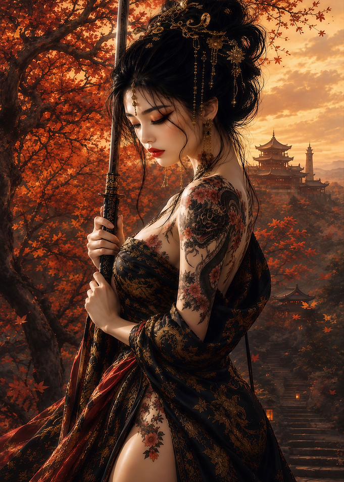 Elegant Samurai Woman in Autumn Forest