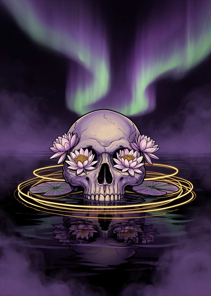 Skull with Lotus Flowers and Aurora