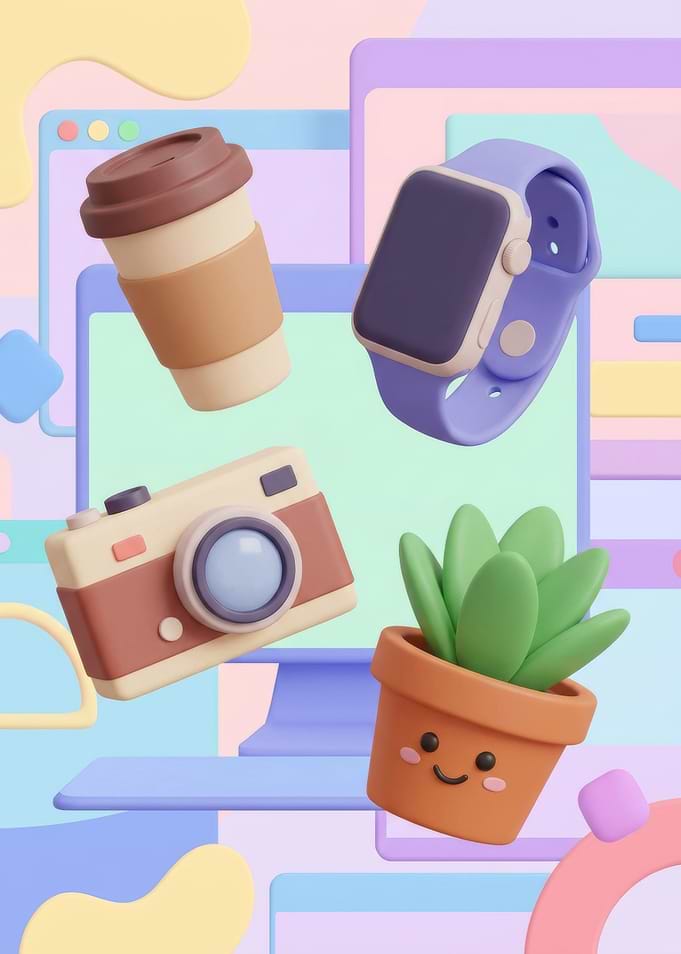 3D Cute Desk Accessories Illustration