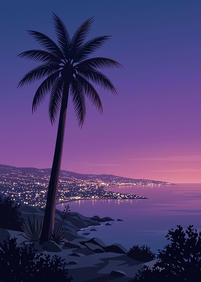 Palm Tree Overlooking Coastal City Lights