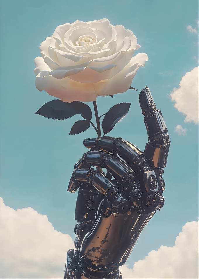 Robotic Hand Holding White Rose
