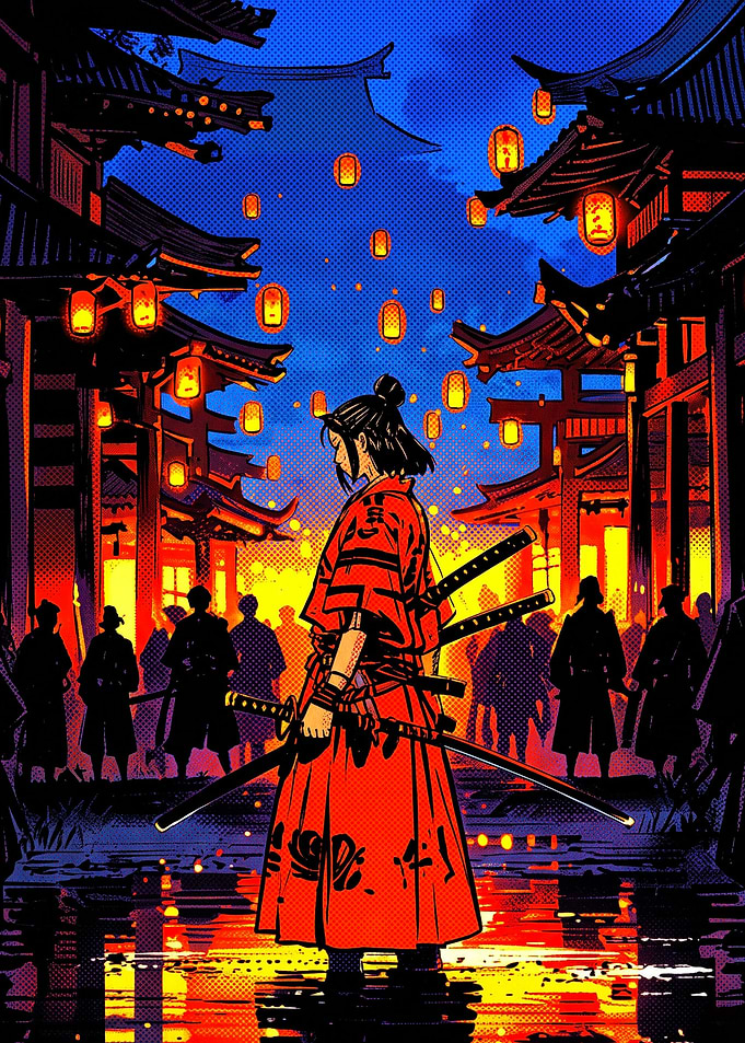 Samurai Warrior in Lantern Lit Street