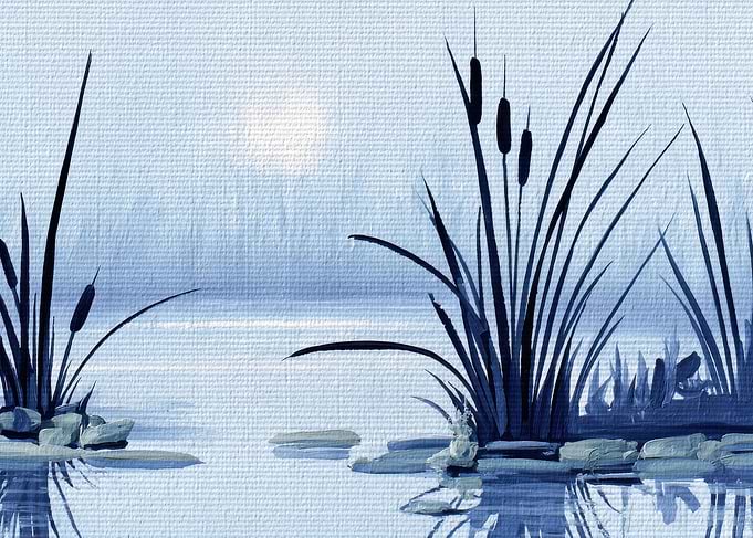 Monochromatic Blue Cattail Marsh Painting