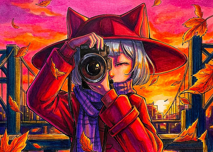 Anime Girl Photographer in Autumn Sunset