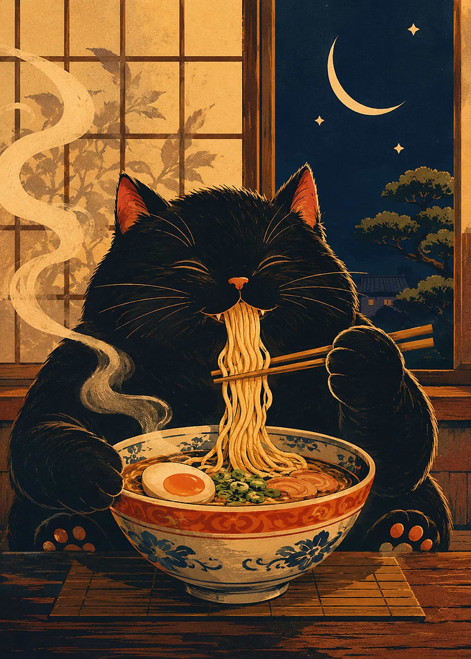 Black Cat Eating Ramen at Night