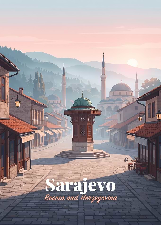 Sarajevo Sebilj Fountain Travel Poster