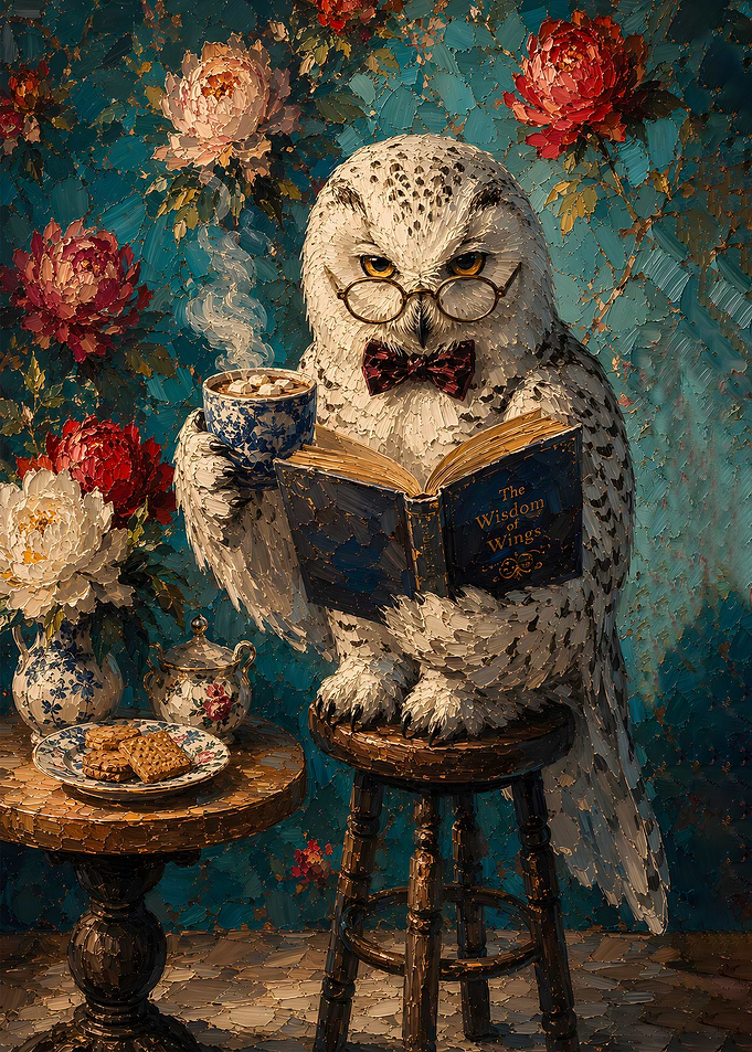 Owl Reading & Hot Chocolate Oil Painting
