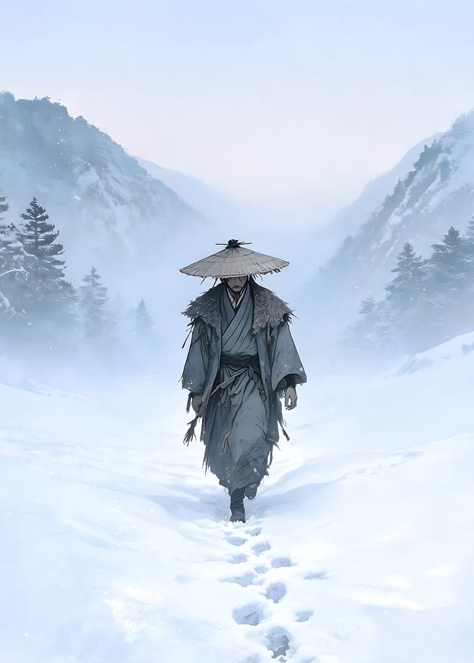 Lone Samurai Walking Through Snowy Mountains