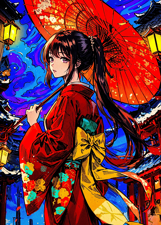 Anime Girl in Red Kimono