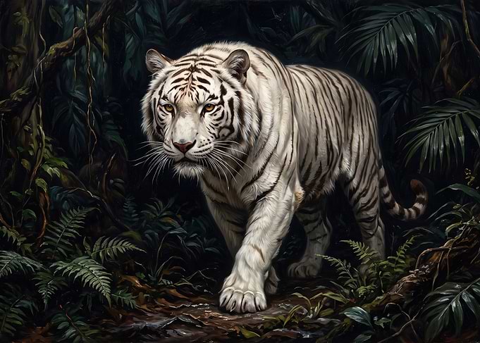 Majestic White Tiger in Dark Jungle