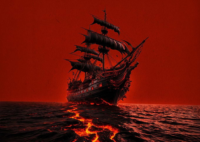 Ghost Ship Sailing on Lava Sea