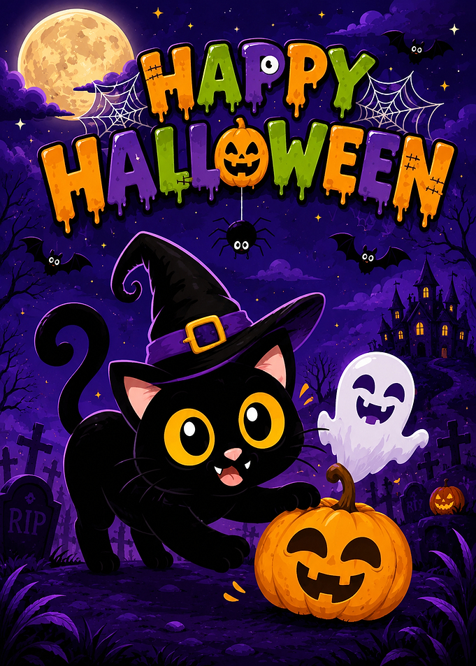 Cute Black Cat Halloween Illustration