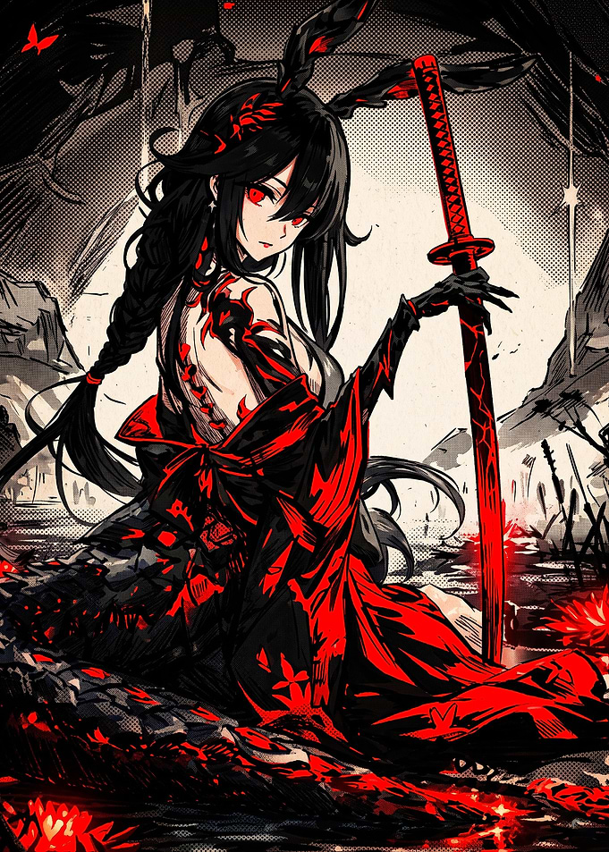 Anime Warrior Girl with Red Katana