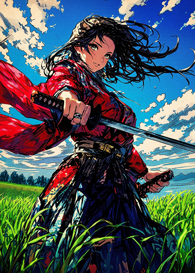 Samurai Woman in Red Kimono