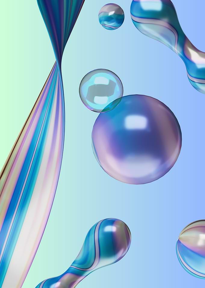 Abstract Iridescent Liquid Spheres and Ribbons