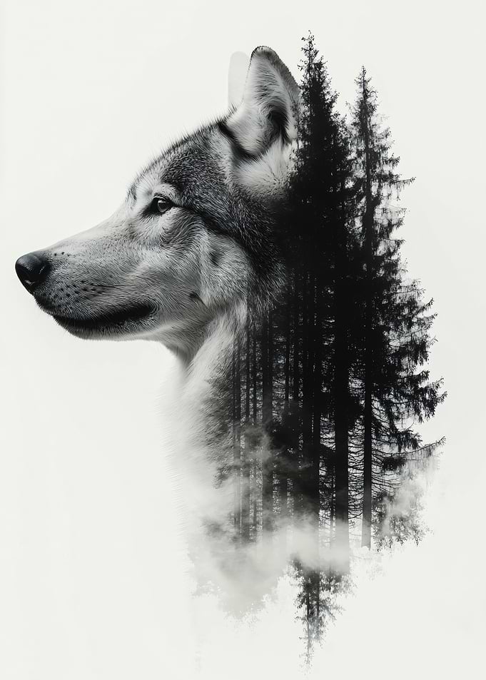 Double Exposure Wolf and Forest