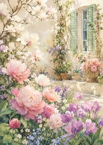 Pastel Peony Garden by a Window