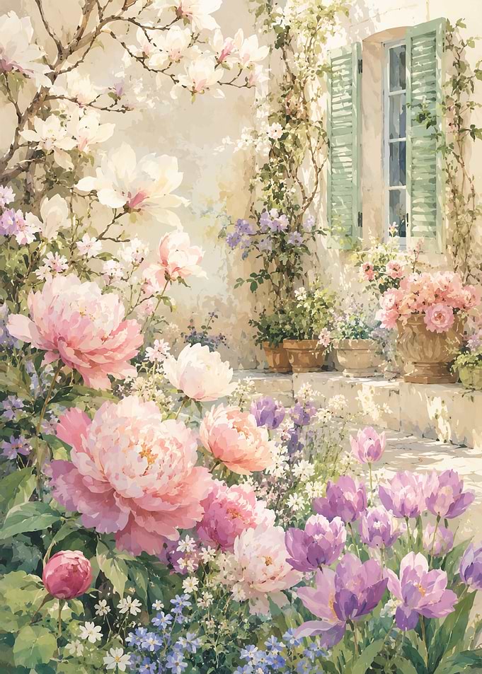 Pastel Peony Garden by a Window