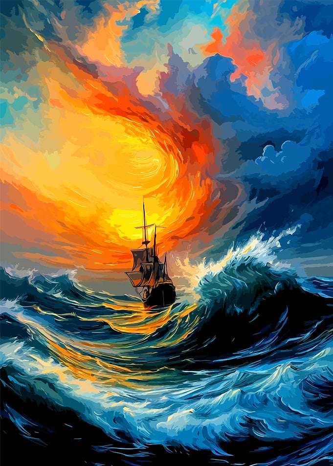 Sailing Ship in Stormy Sunset