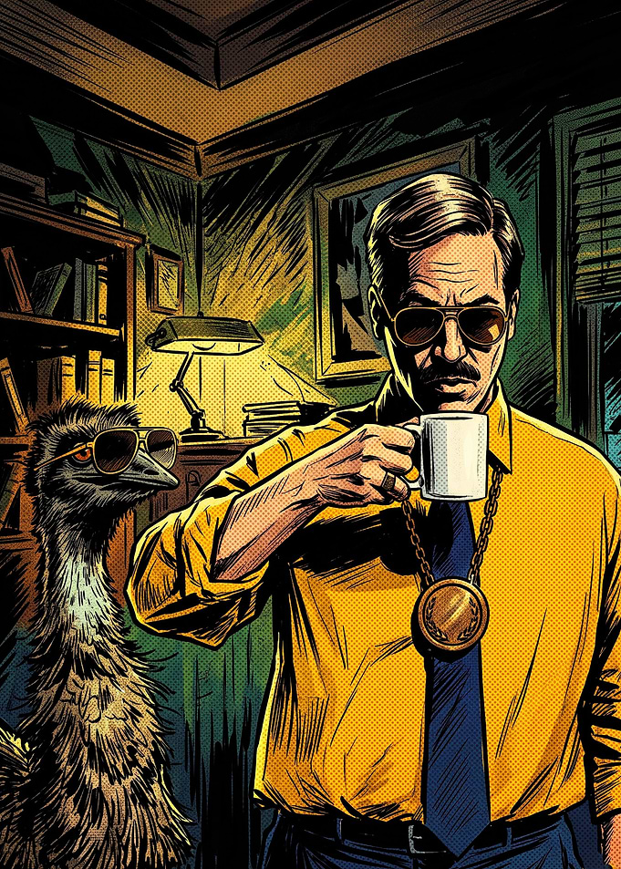 Man and Emu Drinking Coffee