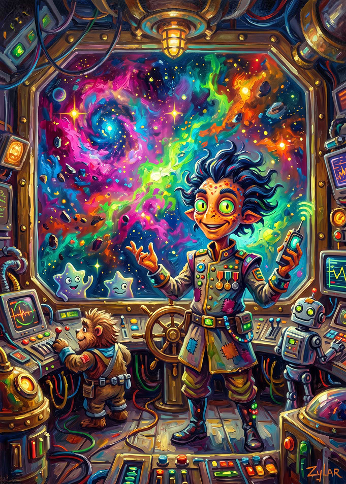 Whimsical Space Explorer in Cockpit