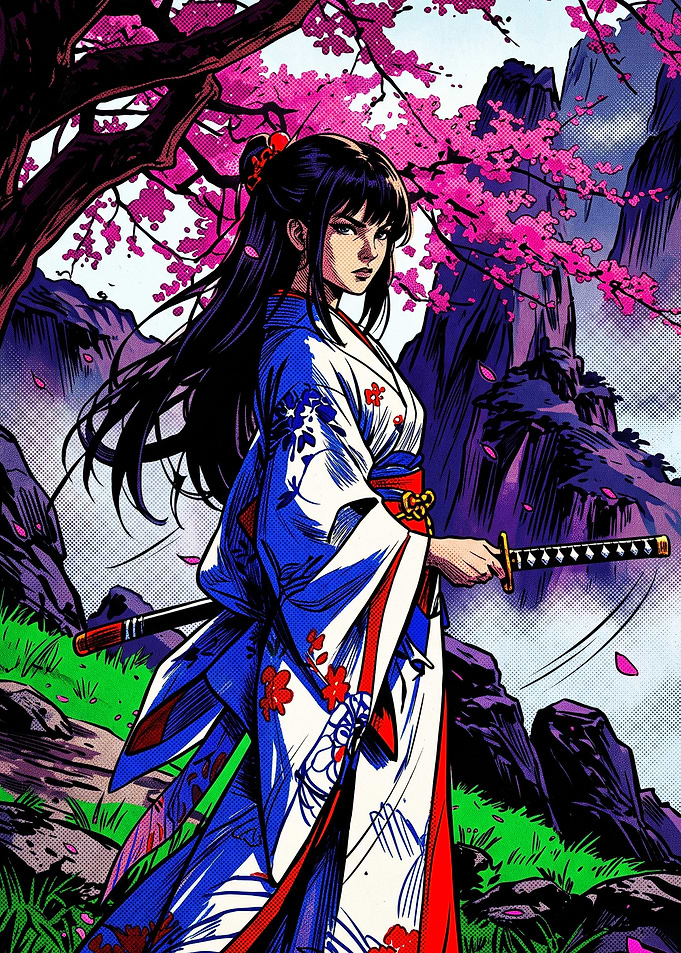 Samurai Woman Under Cherry Blossoms