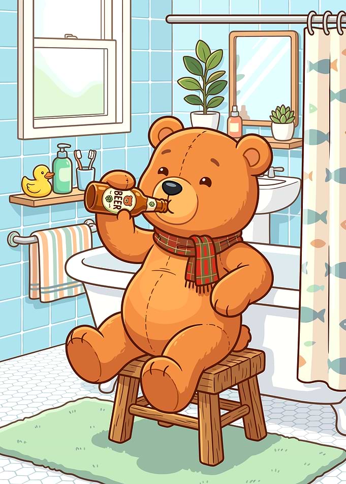 Teddy Bear Drinking Beer in Bathroom