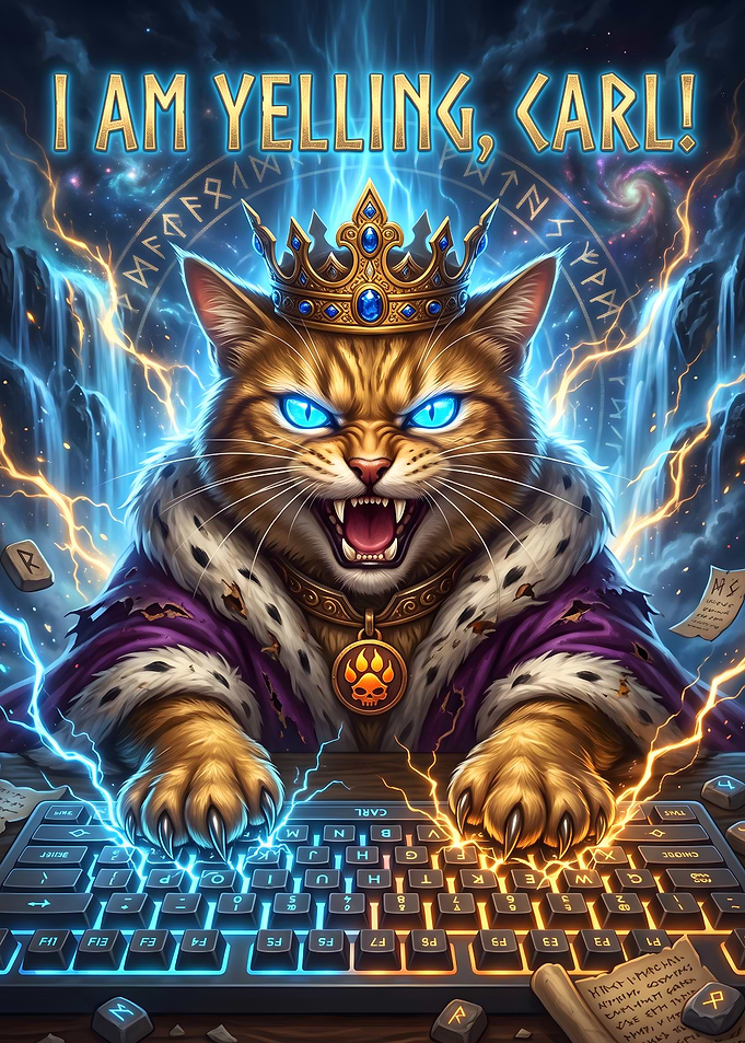 Angry King Cat Yelling at Keyboard