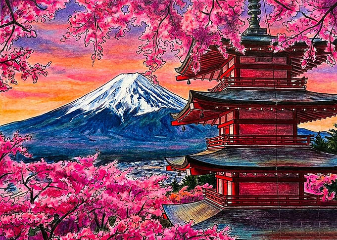 Mount Fuji and Pagoda at Sunset