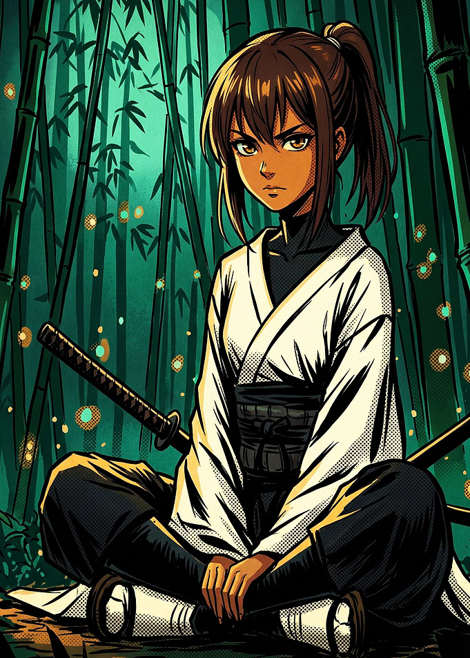 Anime Samurai Girl in Bamboo Forest